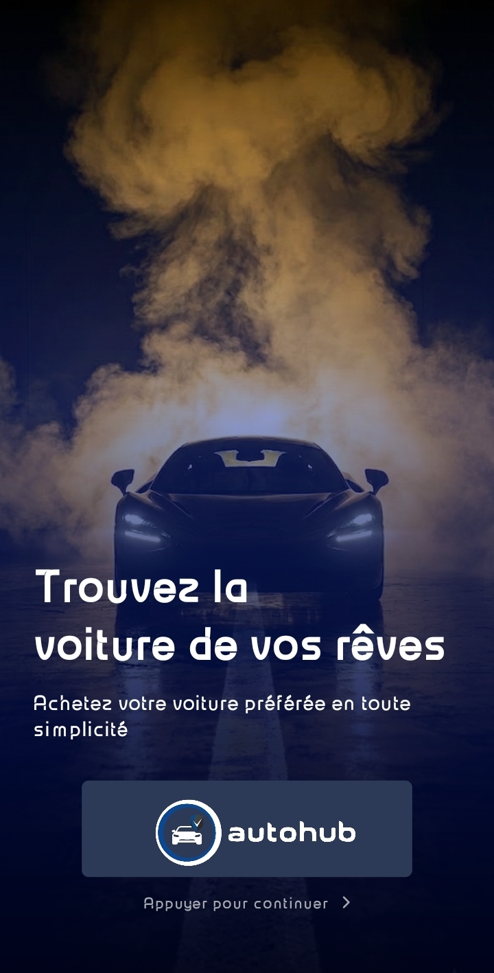 Écran d'accueil de l'app Autohub — Trouvez la voiture de vos rêves